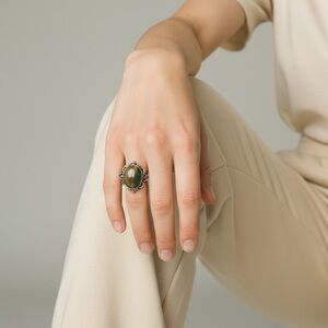 Hand Crafted Ring Vintage looking‎ fluoride, gemstone silver plated 925 size 9